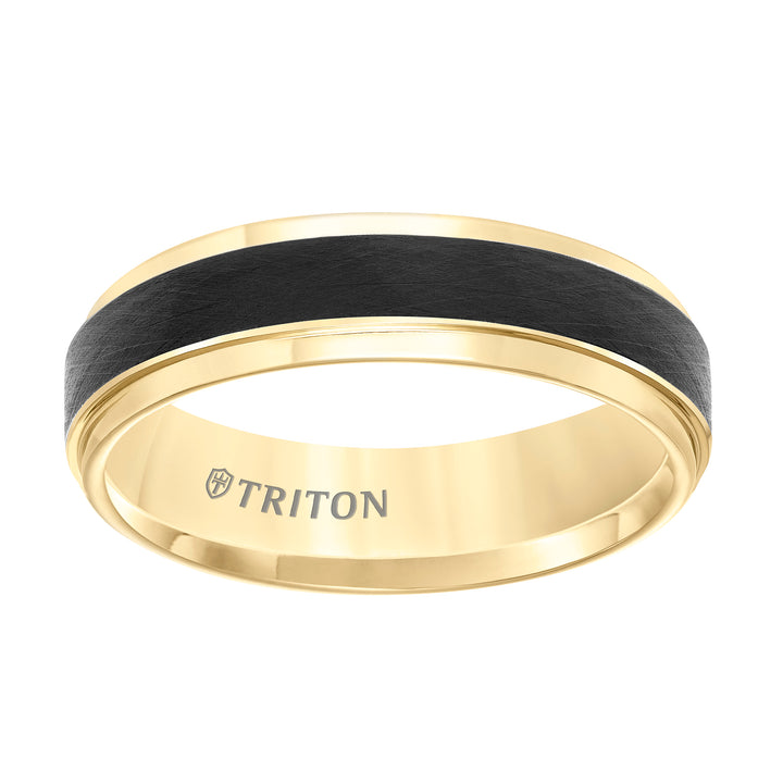 Tungsten Carbide Comfort Fit Two Tone Mens Band with Black Crystalline Finish Center and Yellow Step Edge