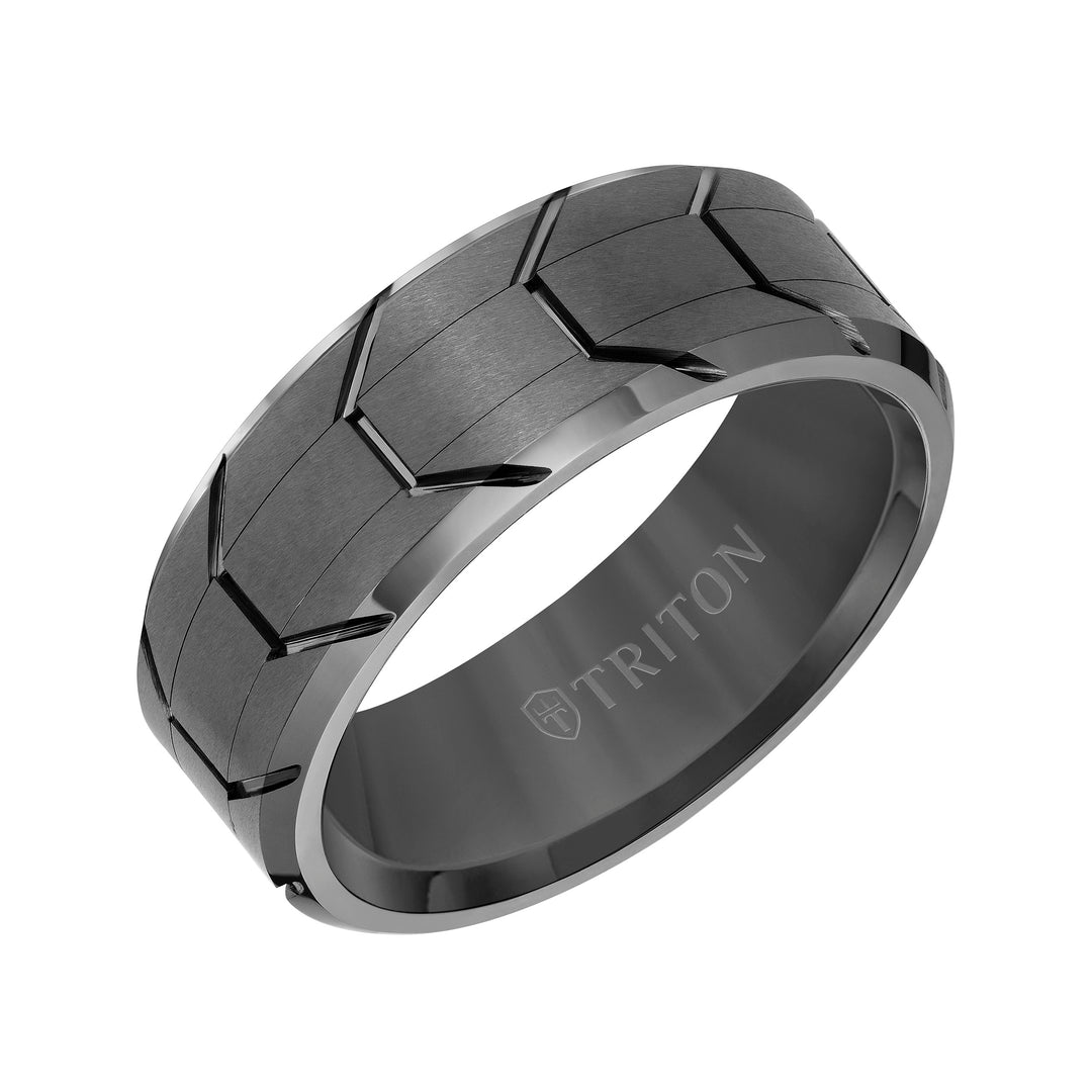 11-5983NWC8-G.00 - Goldman - 8MM Tungsten Carbide Ring - Gunmetal Tire Thread Center and Bevel Edge