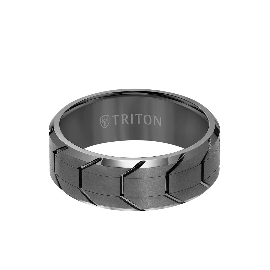8MM Tungsten Carbide Ring - Gunmetal Tire Thread Center and Bevel Edge