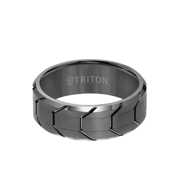 8MM Tungsten Carbide Ring - Gunmetal Tire Thread Center and Bevel Edge