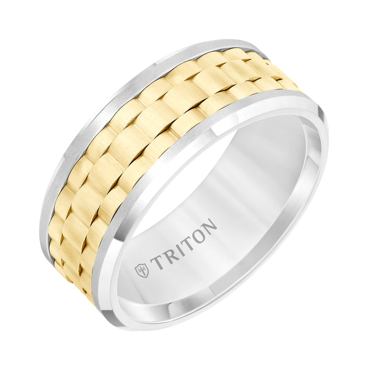 9MM White Tungsten Carbide Flat Comfort Fit Band with Yellow Basket Weave Center and Flat Rims