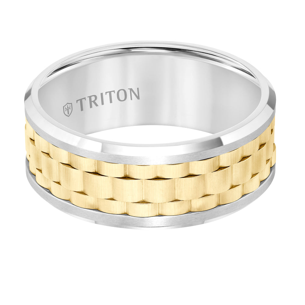 9MM White Tungsten Carbide Flat Comfort Fit Band with Yellow Basket Weave Center and Flat Rims