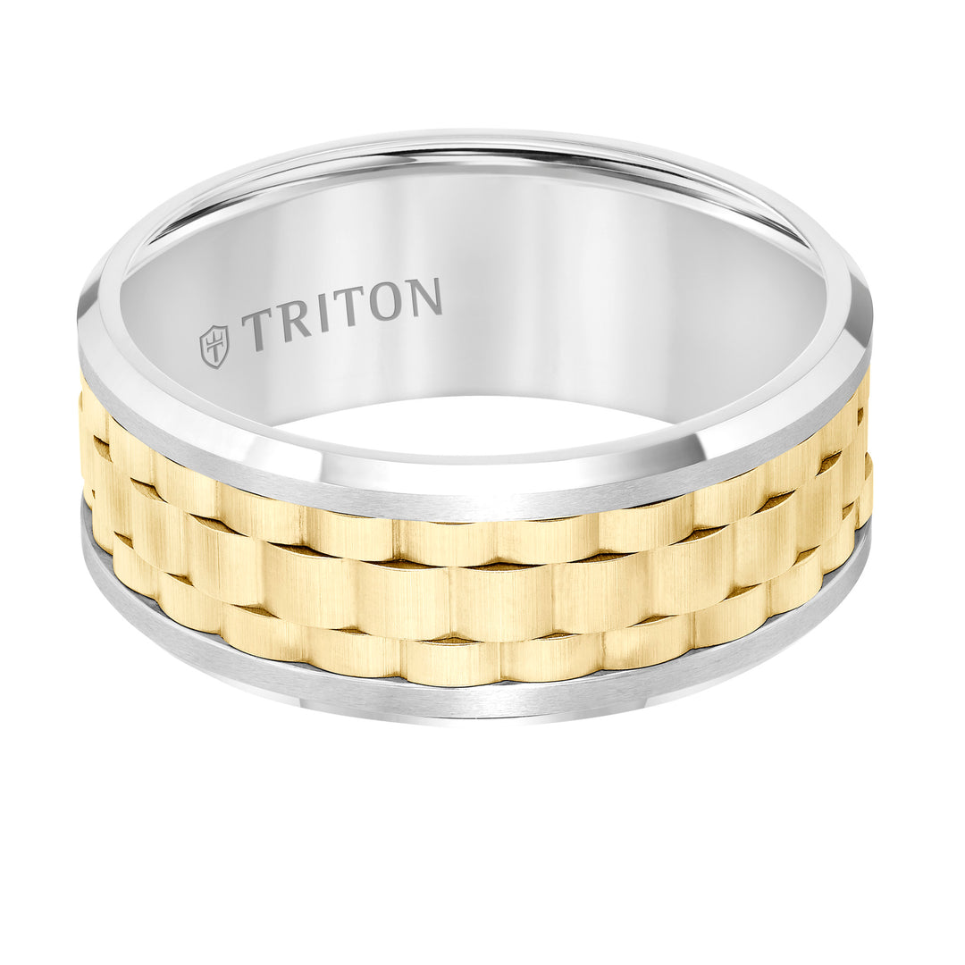 9MM White Tungsten Carbide Flat Comfort Fit Band with Yellow Basket Weave Center and Flat Rims