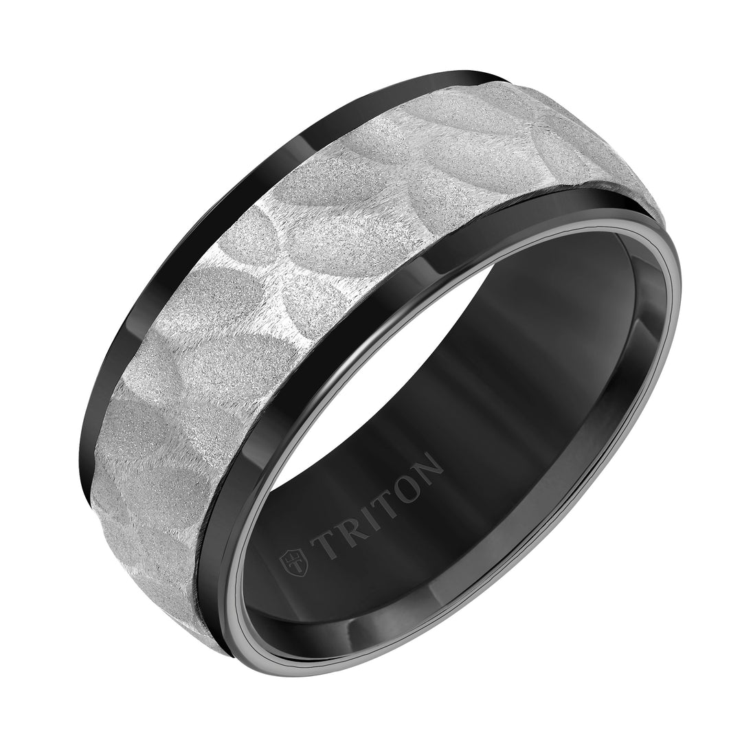 11-5998BC9-G.00 - Goldman - 9MM Tungsten Carbide Comfort Fit Mens Black Band with White Sand Blasted Textured Center with Flat Profile and Polished Rims