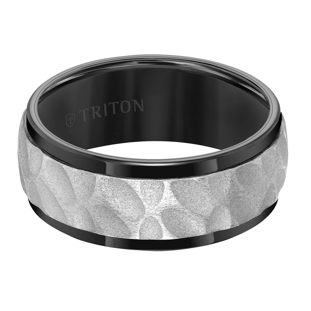9MM Tungsten Carbide Comfort Fit Mens Black Band with White Sand Blasted Textured Center with Flat Profile and Polished Rims