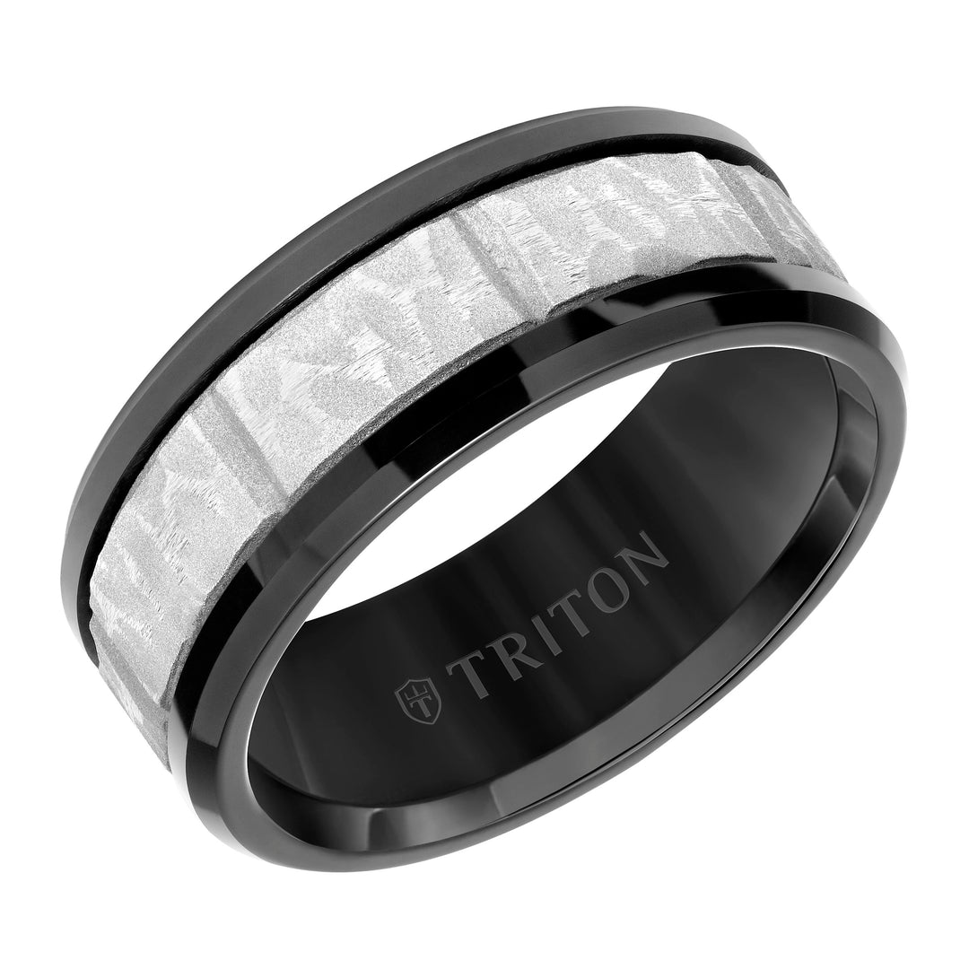 11-6000BC9-G.00 - Goldman - 9MM Tungsten Carbide Comfort Fit Mens Black Band with Gray Sand Blasted Textured Center with Vertical Cuts and Polished Rims