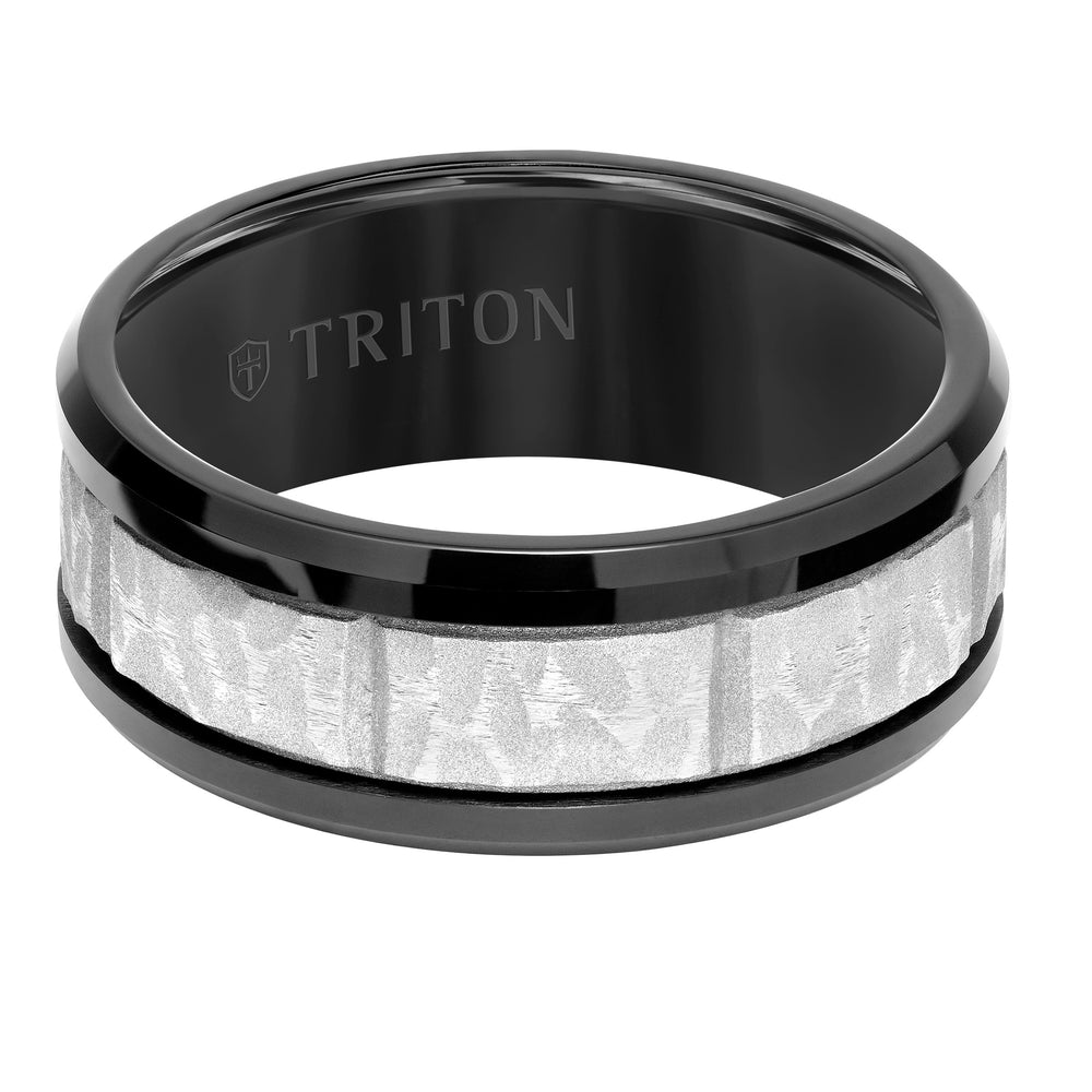 9MM Tungsten Carbide Comfort Fit Mens Black Band with Gray Sand Blasted Textured Center with Vertical Cuts and Polished Rims