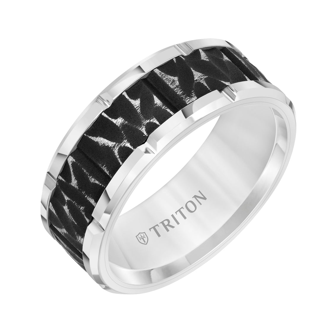 11-6010WC9-G.00 - Goldman - 9MM Tungsten Carbide Comfort Fit Mens White Band with Black Sand Blasted Textured Center with Flat Profile and Bright Cut Rims