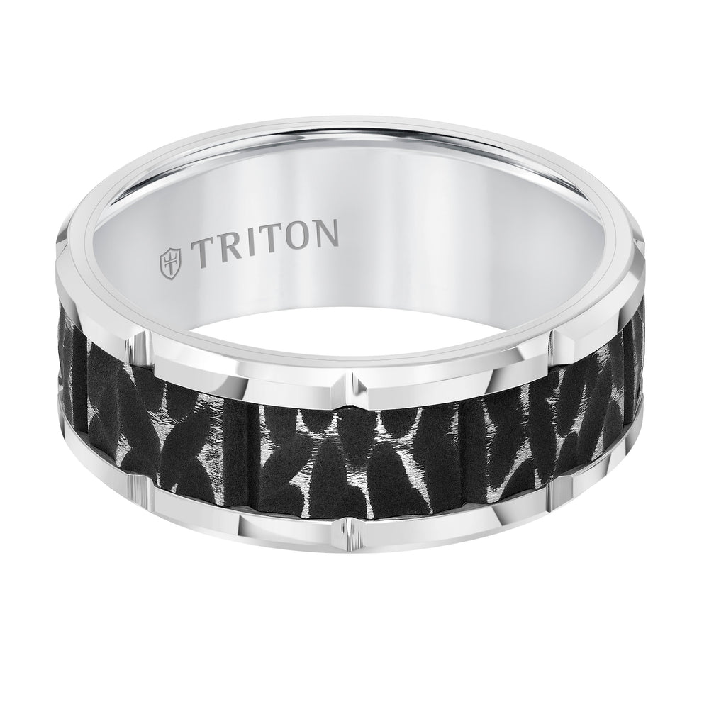 9MM Tungsten Carbide Comfort Fit Mens White Band with Black Sand Blasted Textured Center with Flat Profile and Bright Cut Rims