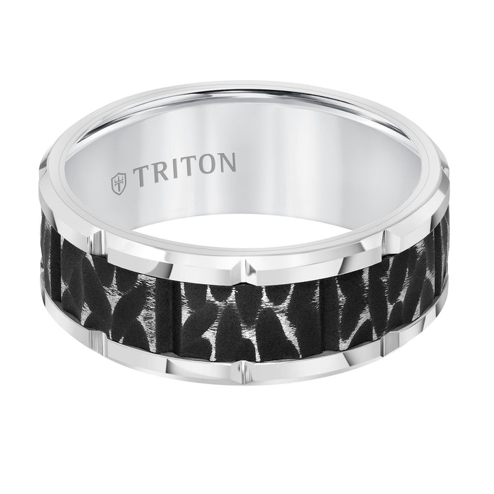 9MM Tungsten Carbide Comfort Fit Mens White Band with Black Sand Blasted Textured Center with Flat Profile and Bright Cut Rims