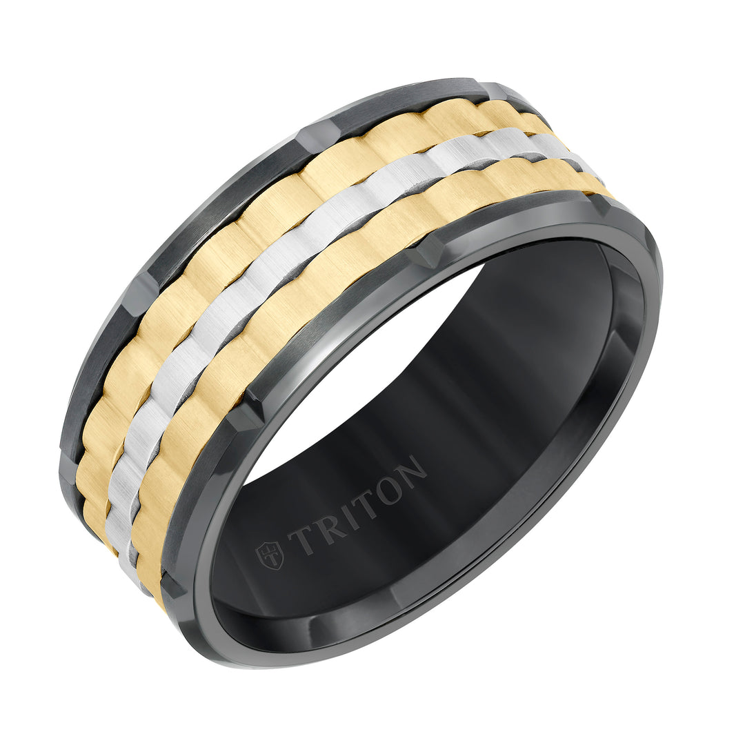 9MM Tungsten Carbide Ring - Basketweave Center & Bevel Edge