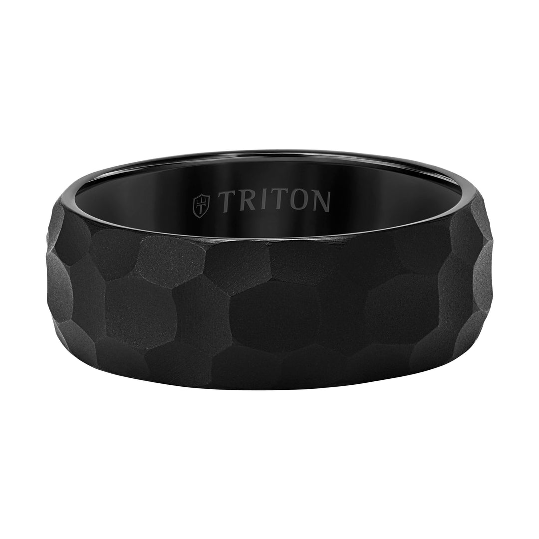 8mm Black Tungsten Carbide Edge to Edge Band with Hammered Pattern