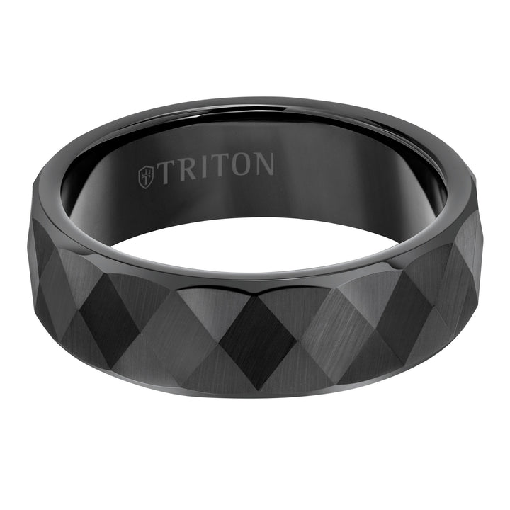 7mm White Tungsten Band with Faceted Diamond Pattern