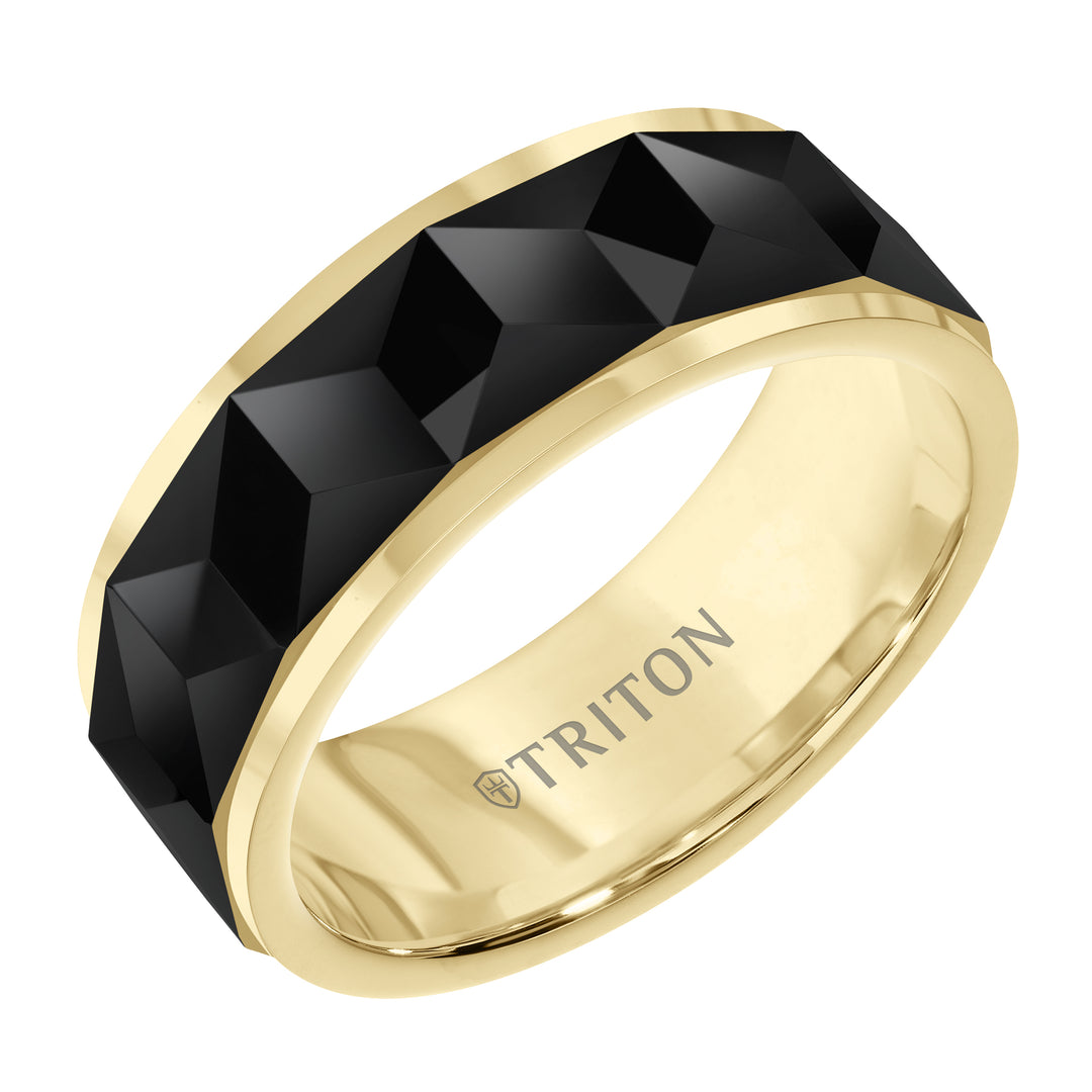 11-6041BYC8-G.00 - Goldman - 8mm Yellow Band with Black Tungsten Faceted Chevron Pattern Inlay