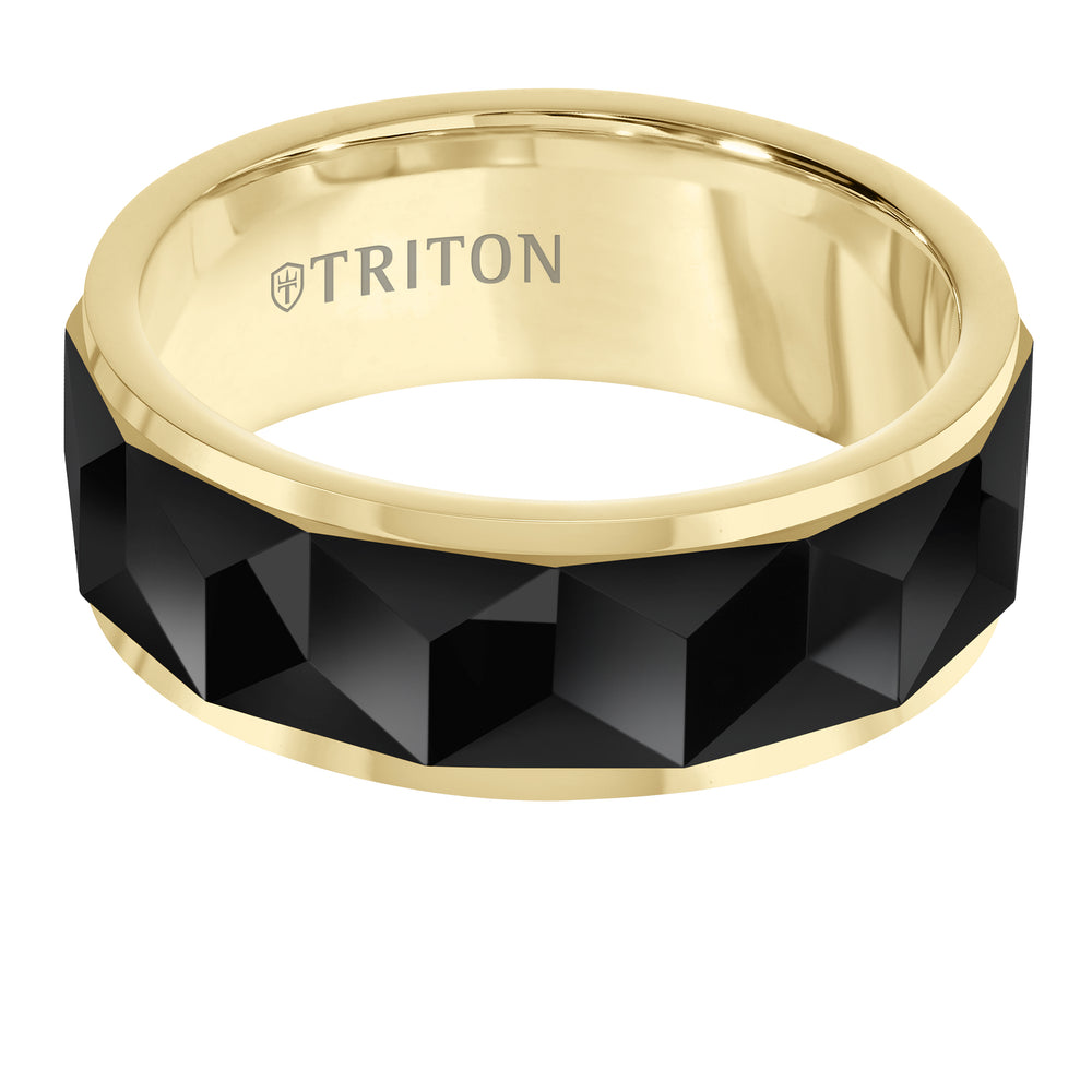 8mm Yellow Band with Black Tungsten Faceted Chevron Pattern Inlay