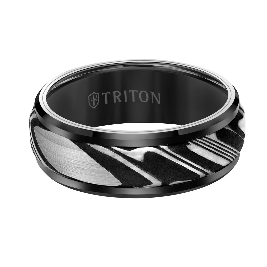8MM Tungsten Carbide Ring - Damascus Steel with Bevel Edge