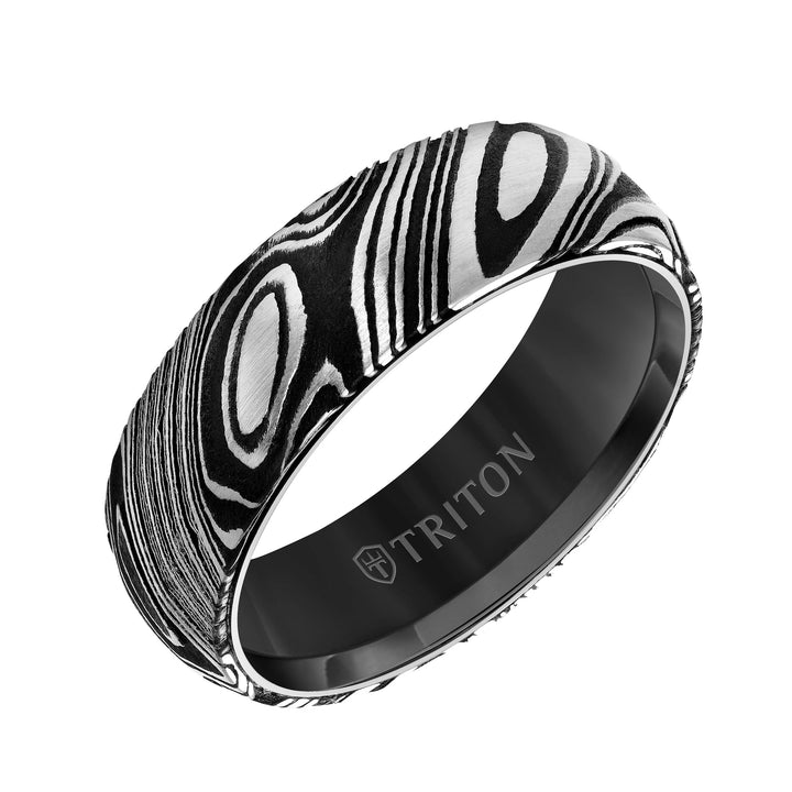 7MM Black Tungsten Carbide Ring with Damascus Steel