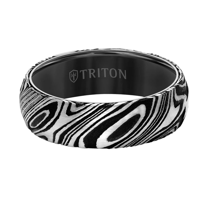 7MM Black Tungsten Carbide Ring with Damascus Steel