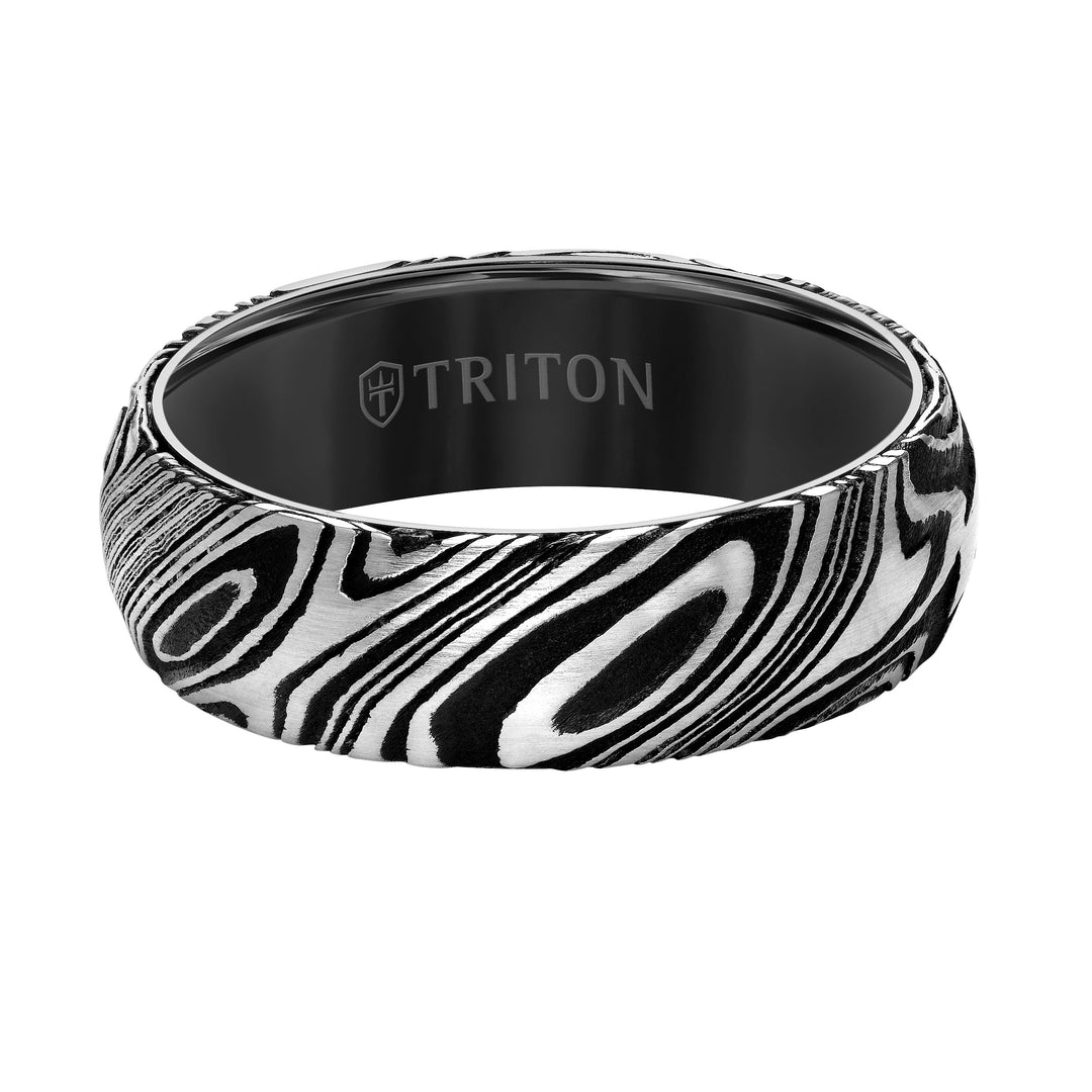 7MM Black Tungsten Carbide Ring with Damascus Steel
