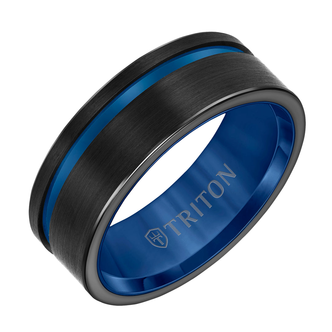 8mm Black Tungsten Carbide Ring with Satin Finish and Asymmetrical Blue Cut