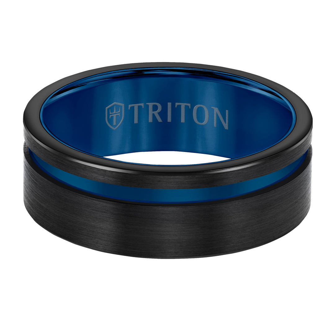 8mm Black Tungsten Carbide Ring with Satin Finish and Asymmetrical Rose Cut