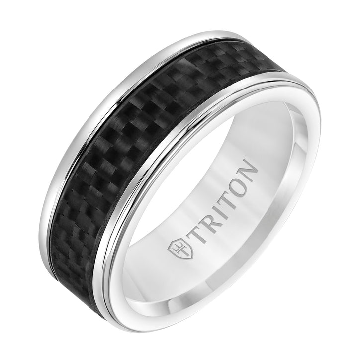 8mm White Tungsten Carbide Ring with Black Carbon Fiber Center and Round Edge