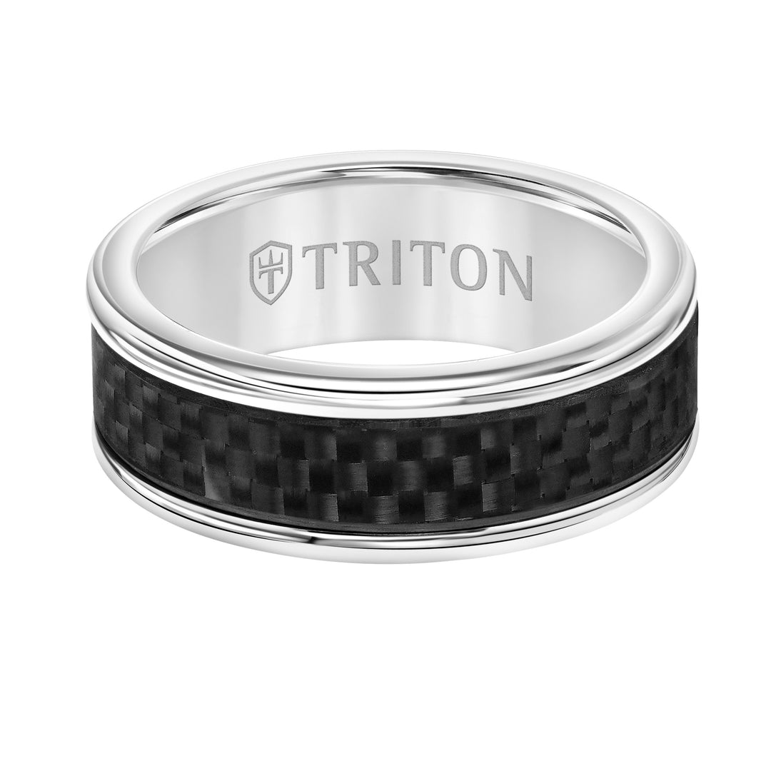 8mm White Tungsten Carbide Ring with Black Carbon Fiber Center and Round Edge