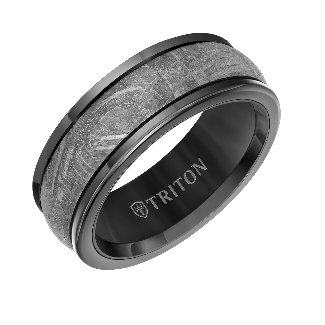 8MM Black Tungsten Carbide Base with Rd Rims/Meteorite Insert Engraved Band
