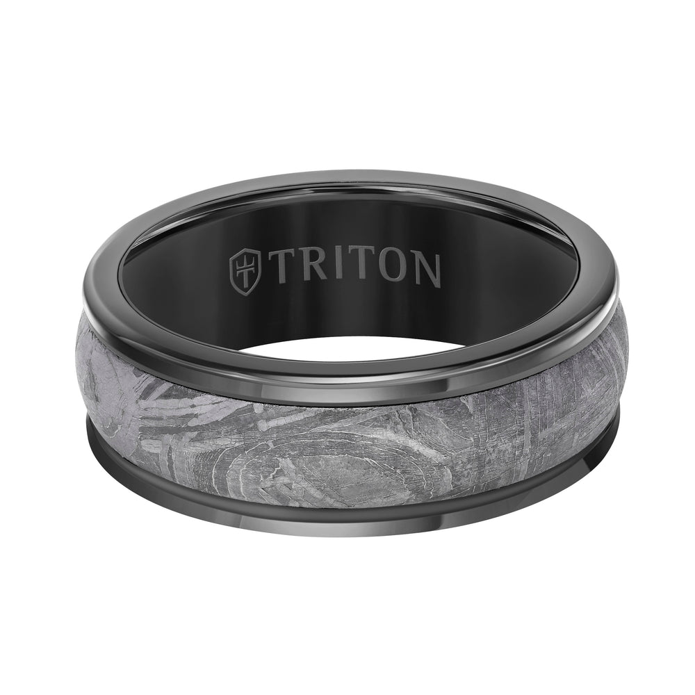 8MM Black Tungsten Carbide Base with Rd Rims/Meteorite Insert Engraved Band