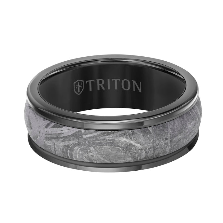 8MM Black Tungsten Carbide Base with Rd Rims/Meteorite Insert Engraved Band