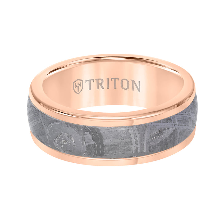 8MM Rose Tungsten Carbide Base with Rd Rims/Meteorite Insert Engraved Band