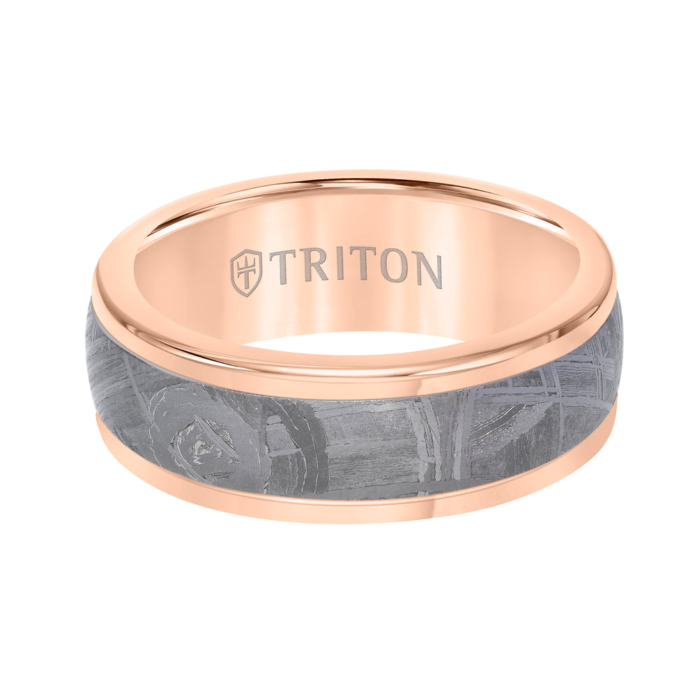 8MM Rose Tungsten Carbide Base with Rd Rims/Meteorite Insert Engraved Band
