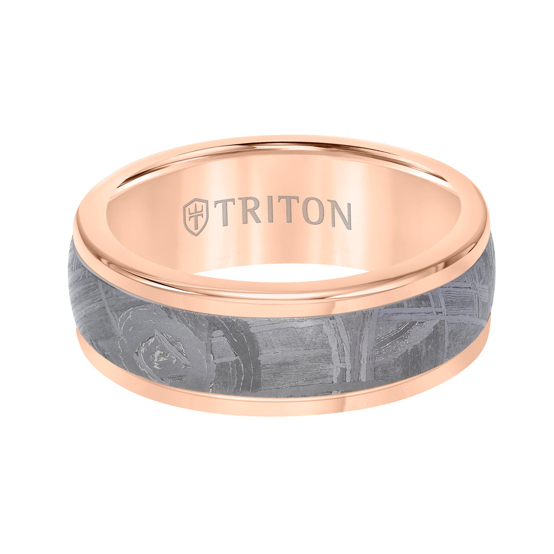 8MM Rose Tungsten Carbide Base with Rd Rims/Meteorite Insert Engraved Band
