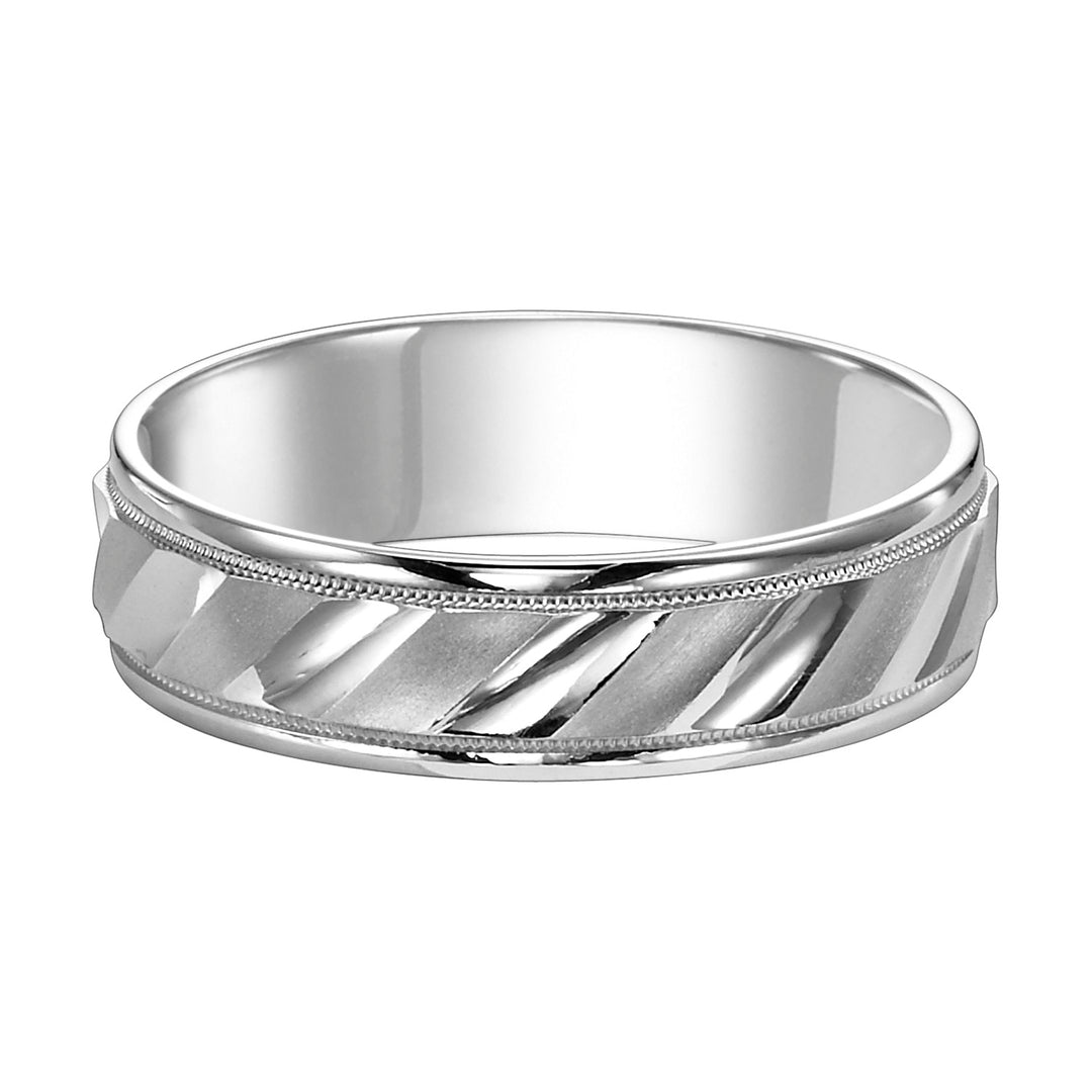 Mens wedding band with diagonal cuts, bright and  satin finish with milgrain accent and round edges with flat profile