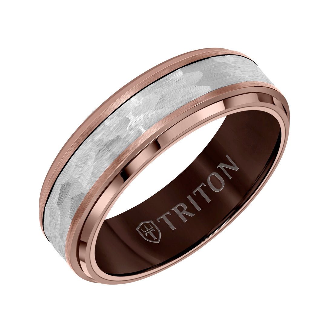 7MM Espresso Tungsten Carbide Ring - Hammered Center and Step Edge