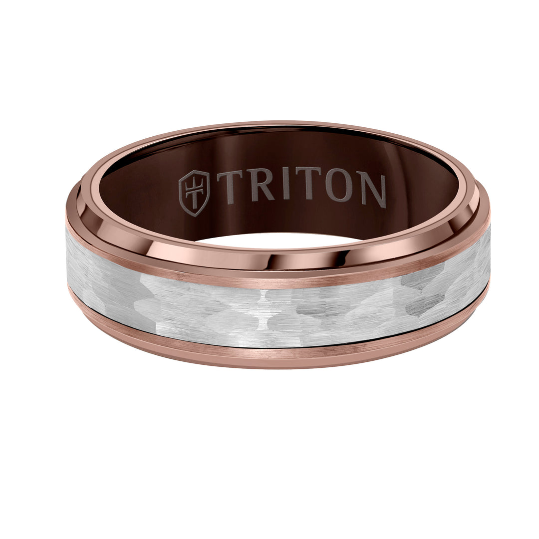 7MM Espresso Tungsten Carbide Ring - Hammered Center and Step Edge