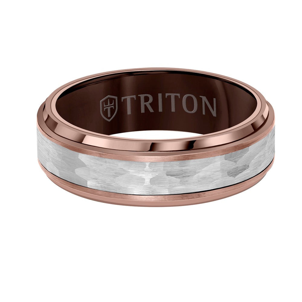 7MM Espresso Tungsten Carbide Ring - Hammered Center and Step Edge