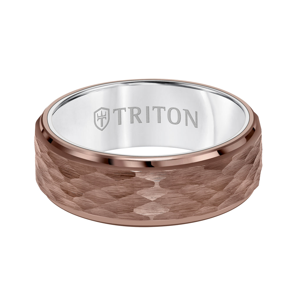 8MM Espresso Tungsten Carbide Ring - Hammered Center and Step Edge