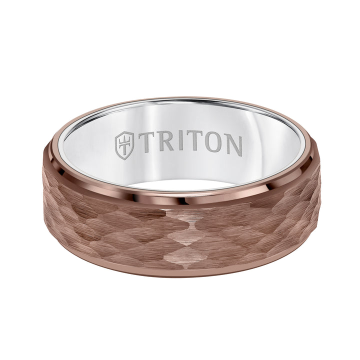 8MM Espresso Tungsten Carbide Ring - Hammered Center and Step Edge