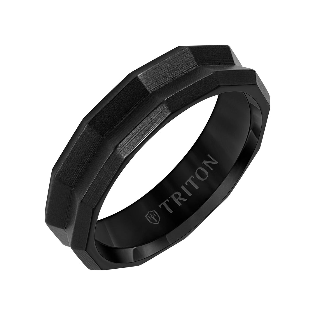 6MM Black Titanium Ring with Faceted Beveled Edge and Sandblasted Finish