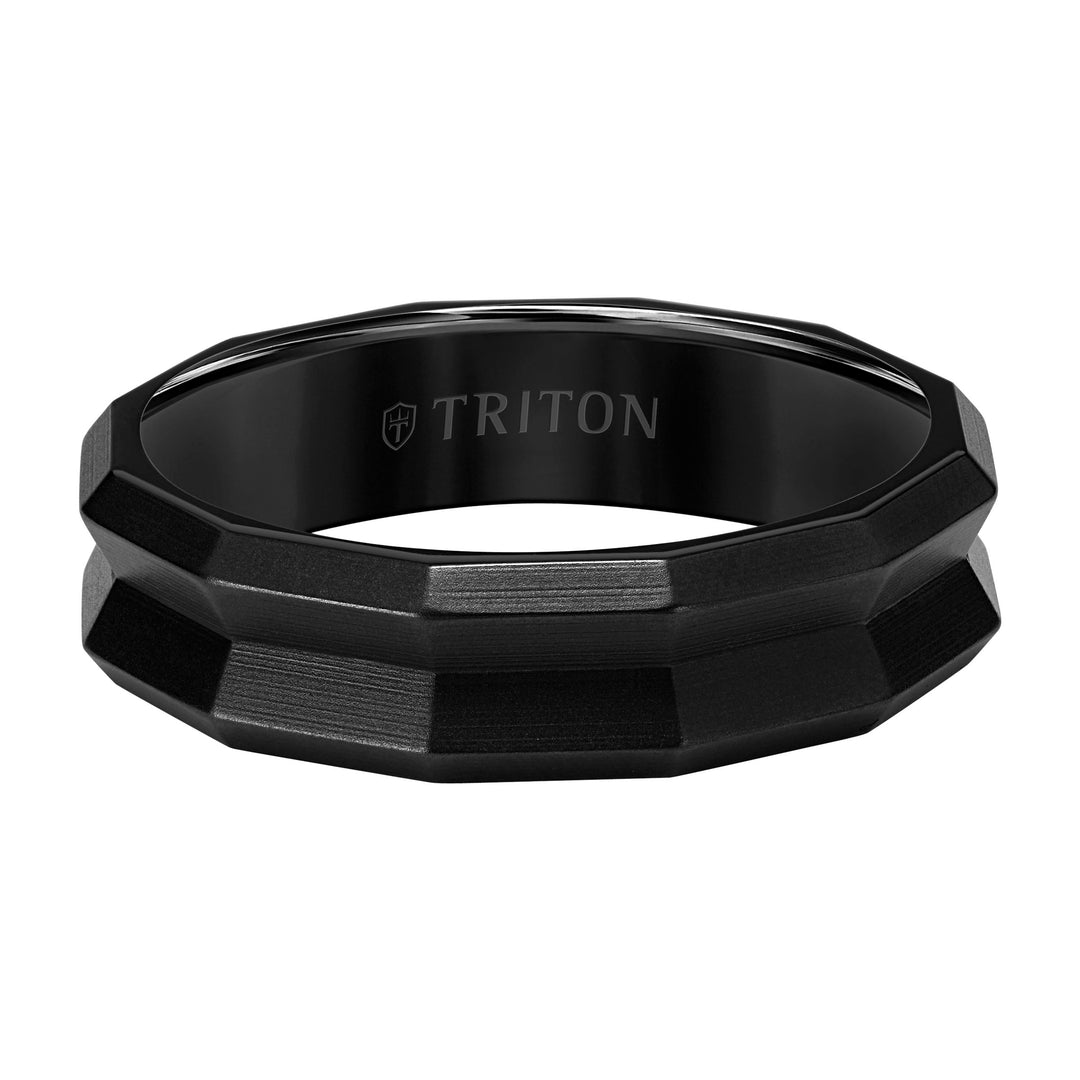 6MM Black Titanium Ring with Faceted Beveled Edge and Sandblasted Finish