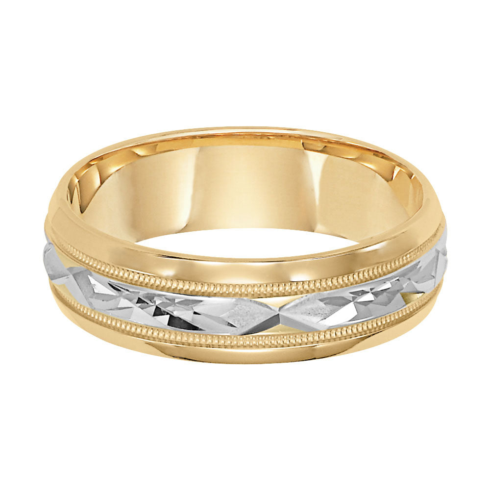 Mens wedding band with diamond cut engraved finish, milgrain accent with bevel edges low dome profile
