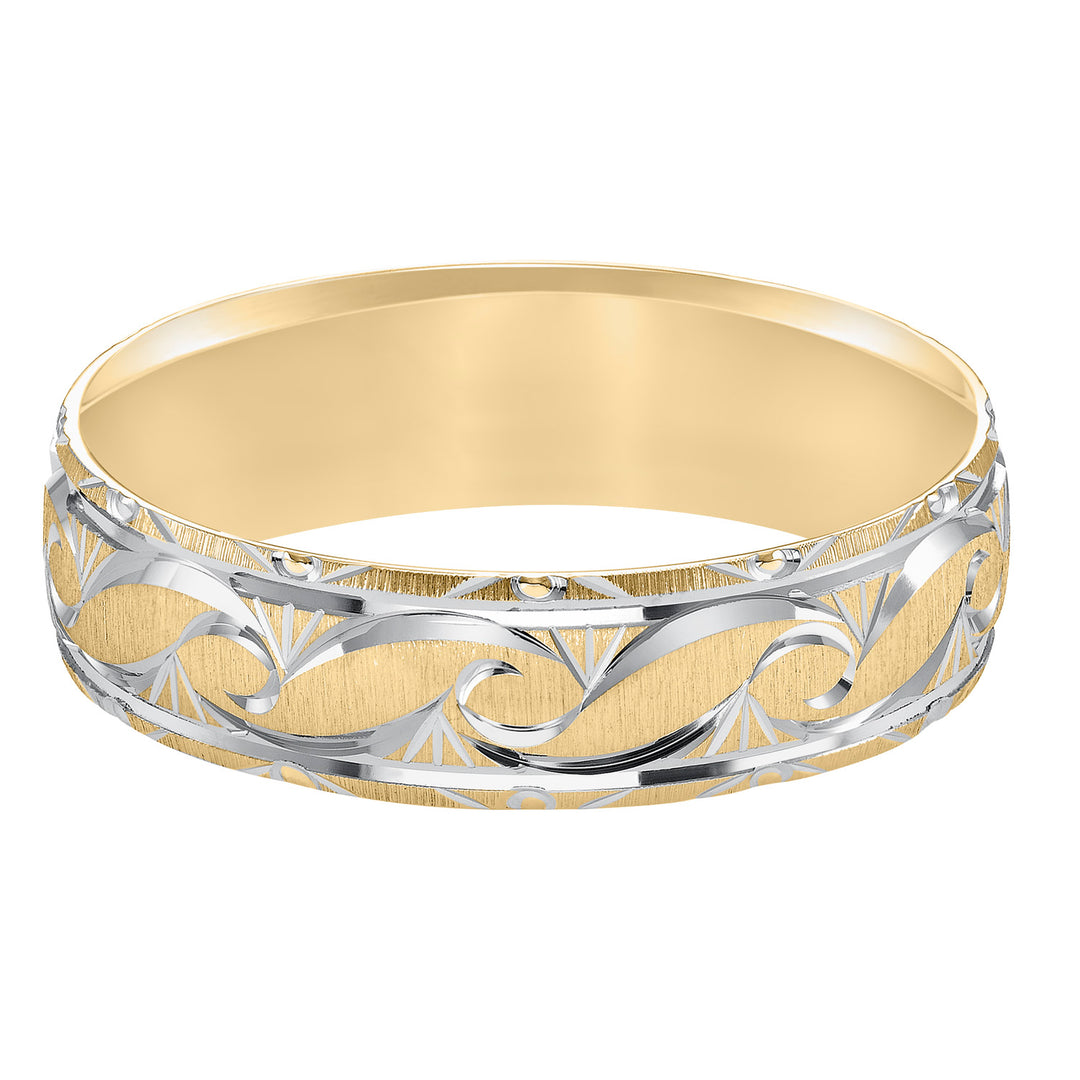 This exquisitely crafted, Comfort Fit wedding band features an ornate design, satin finish and beveled edge to complete the look