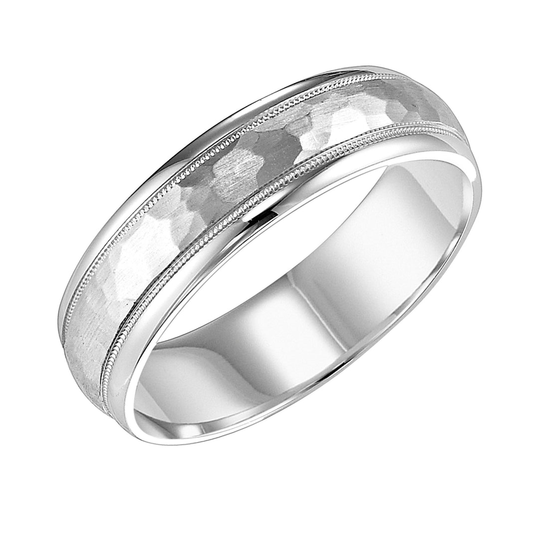 This low domed Comfort Fit wed band features a brushd hammerd finish with milgrn and round edges to complete this luxurious yet classic look Pls note hand hammerd styles will have slight variations due to the nature of the manufacturing process