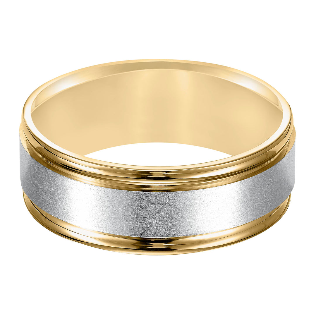 This stately two-tone gold, Comfort Fit wedding band features a yellow gold, brushed finish center channel and white gold, round edges