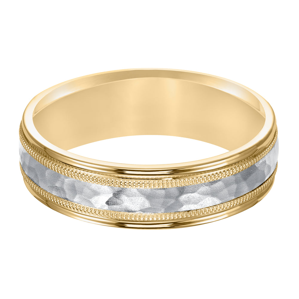 Comfort fit two tone wedding band with brushed hammered finish and milgrain Please note hand hammered styles will have slight variations due to the nature of the manufacturing process