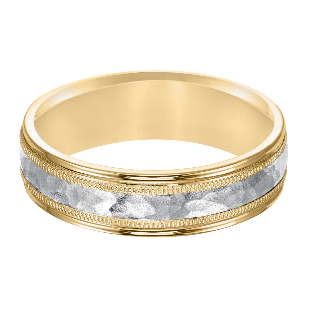 Comfort fit two tone wedding band with brushed hammered finish and milgrain Please note hand hammered styles will have slight variations due to the nature of the manufacturing process