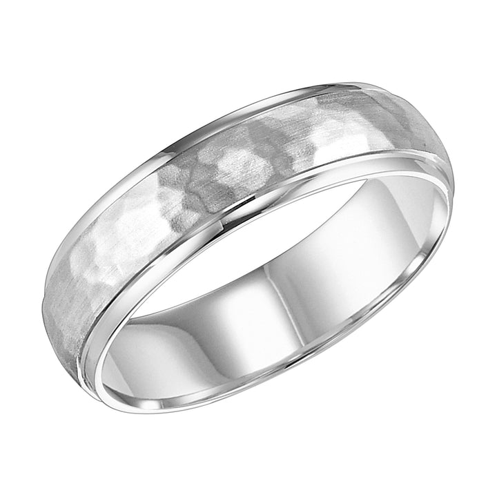 Mens wedding band with hammer  satin finish and round edges with dome profile Please note hand hammered styles will have slight variations due to the nature of the manufacturing process