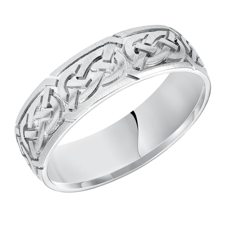 This finely crafted, Comfort Fit wedding band features an exquisite Celtic knot design, satin finish and flat edges to complete the look