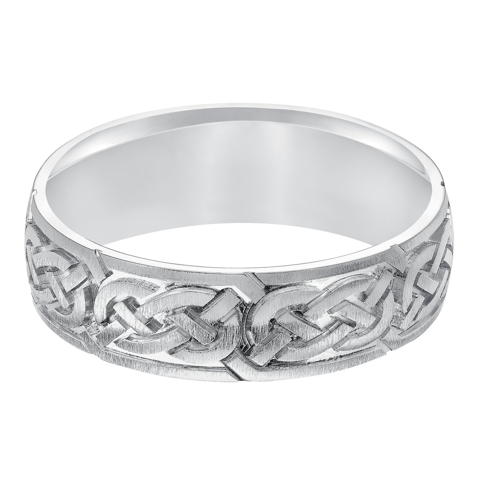 This finely crafted, Comfort Fit wedding band features an exquisite Celtic knot design, satin finish and flat edges to complete the look